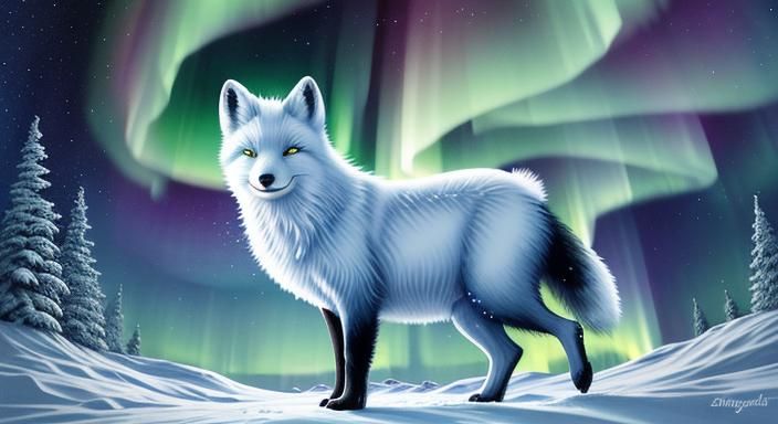 Arctic Fox in Snowy Aurora Landscape, Oil Painting