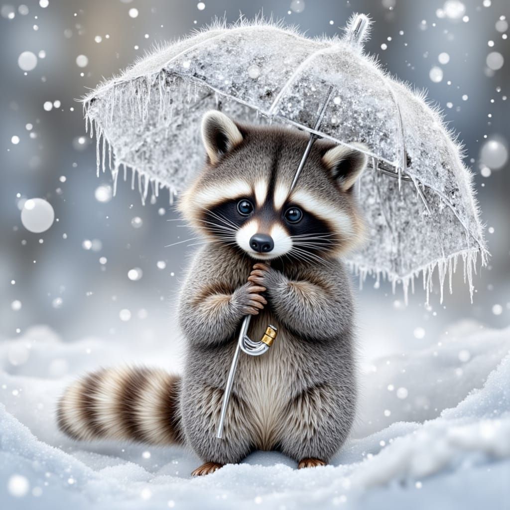 Cute adorable raccoon baby in the snow with a frozen flower as an umbrella, breathtaking fantasy artwork by Android Jones, Jean Baptiste Mon...