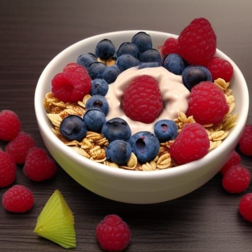 bowl with raspberries blueberries banana kiwi yogurt granola