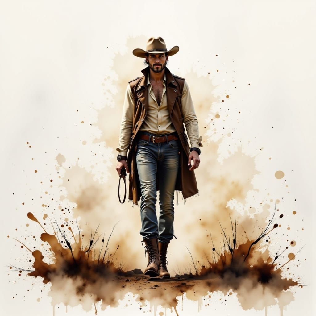 Cowboy walking facing the viewer.

wet-on-wet watercolor alcohol ink negative space, coffee-stained splashes, ethereal , fluid, dreamlike, d...