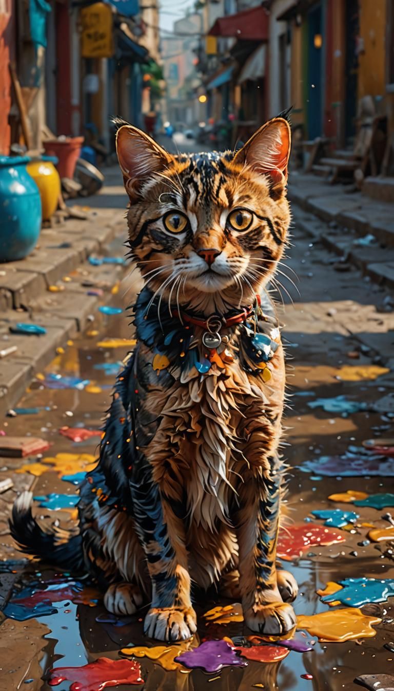 Hyperrealistic Black Cat with Rainbow and Stars