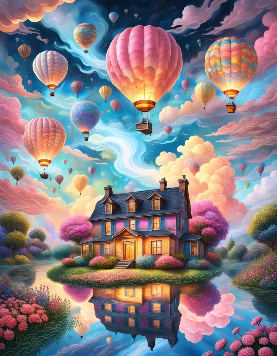 In a bright blue sky, three large hot air balloons rise. They feature a classic design, creamy in color with red details. Each balloon has...