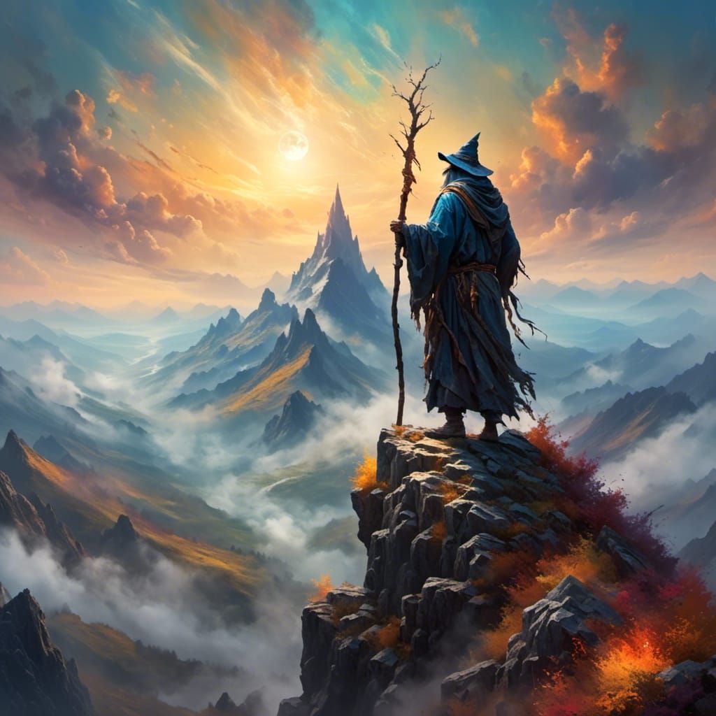  <lora:Ethereal Fantasy:1.0> A wizard with a long staff standing on a mountain peak
