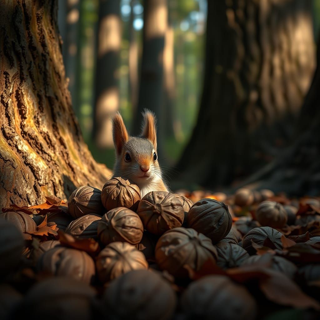 Photorealistic Walnut Squirrel in Forest Splash Art