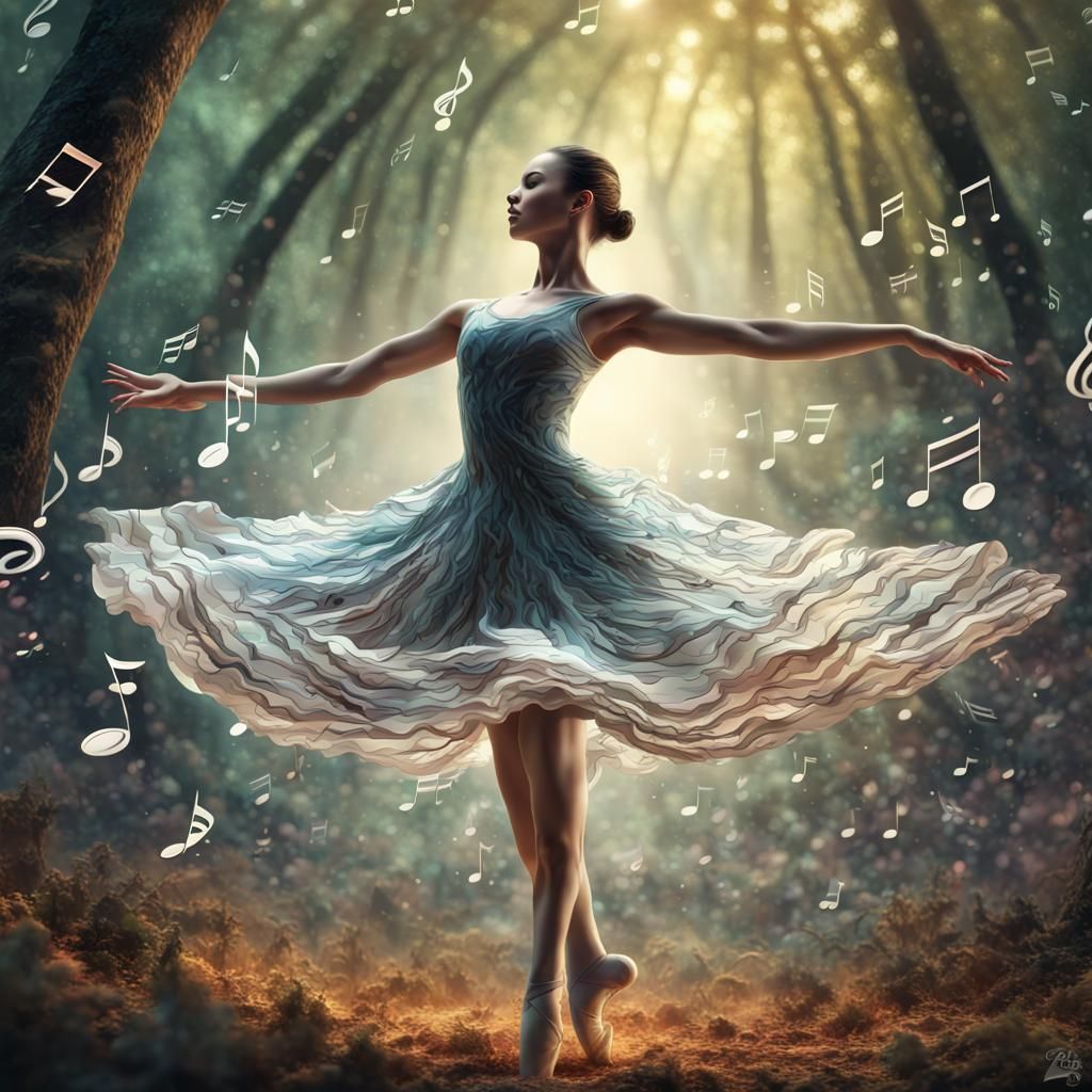 A BEAUTIFUL BALLERINA IN A CHIFFON DRESS OF MUSIC NOTES DANCING IN A ...