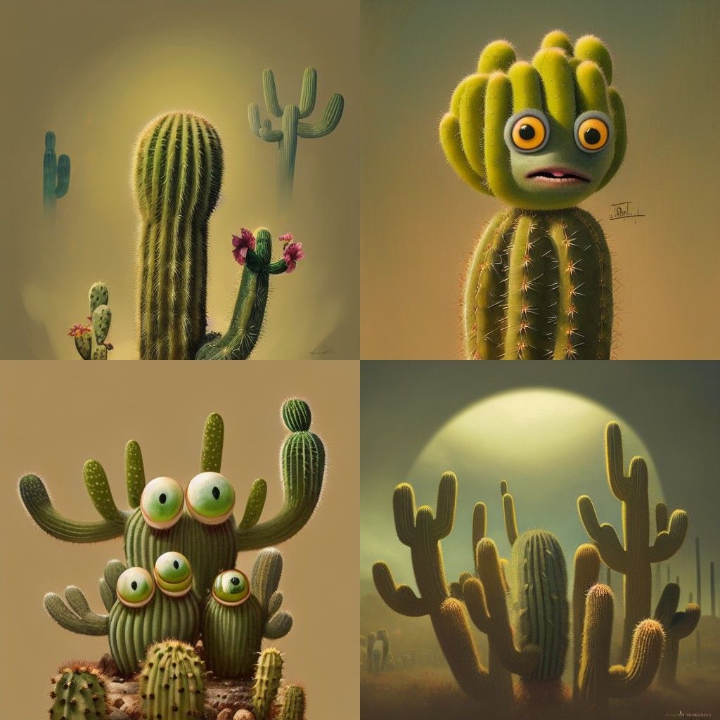 Anthropomorphic cacti keikis with big round eyes, in full he...