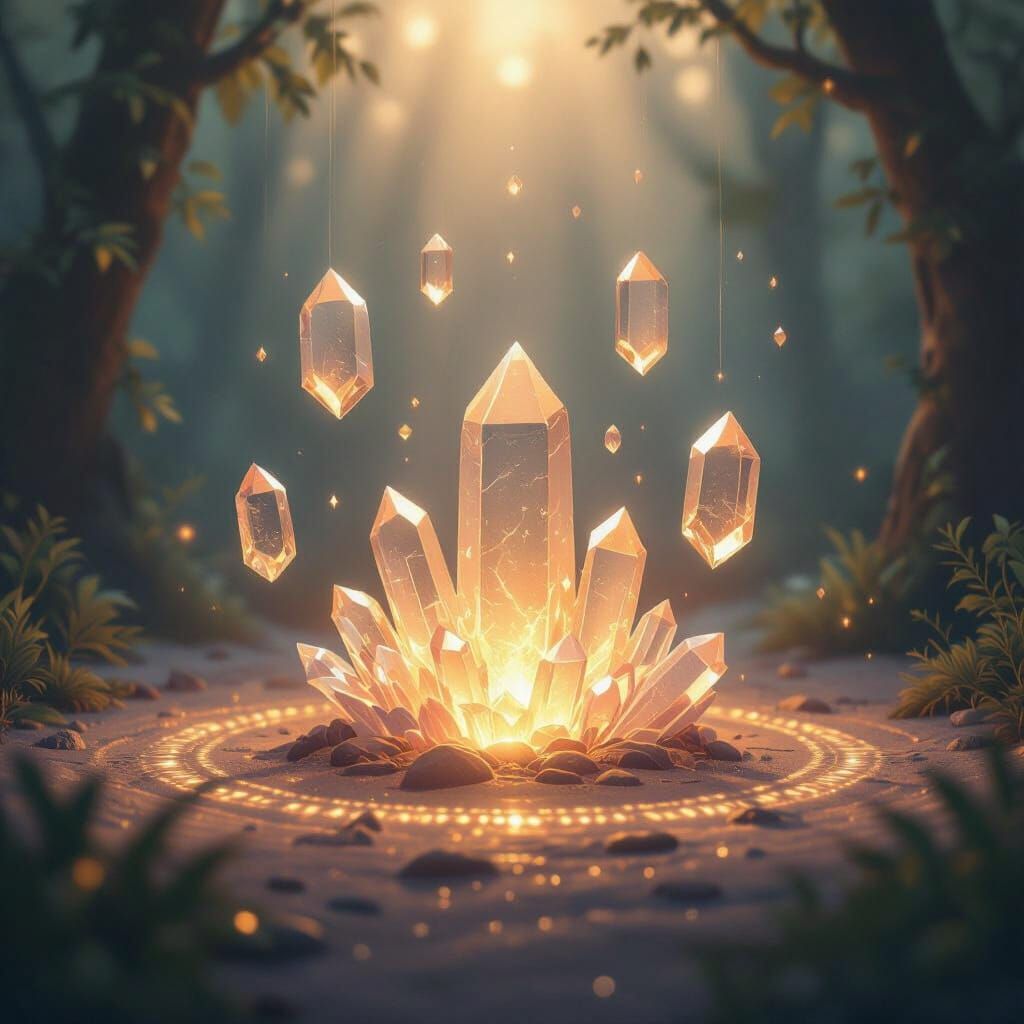 Crystals levitating in a sacred circle, soft warm light, intentional calm mood