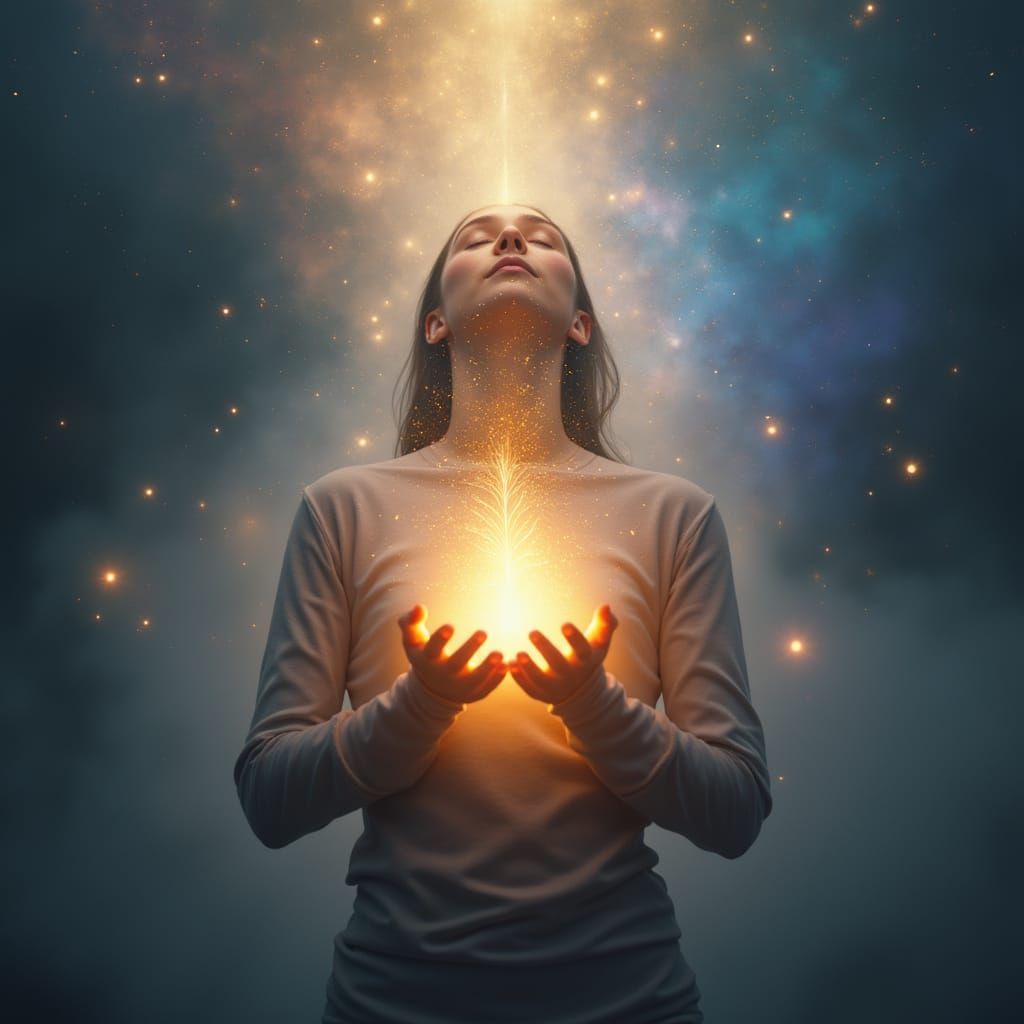 Surreal Soul Ascending from Body as Glowing Light