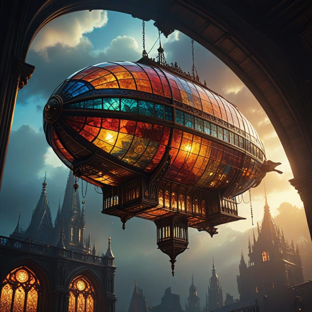 Steampunk Stained Glass Dirigible Soars Through the Misty Sk...
