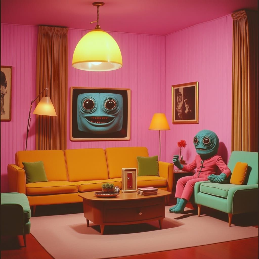 <lora:Pink Room Flux:1.0>
Surreal scene from a candid 70s Technicolor sitcom, a strange creature in vintage clothes inside a liminal retro l...