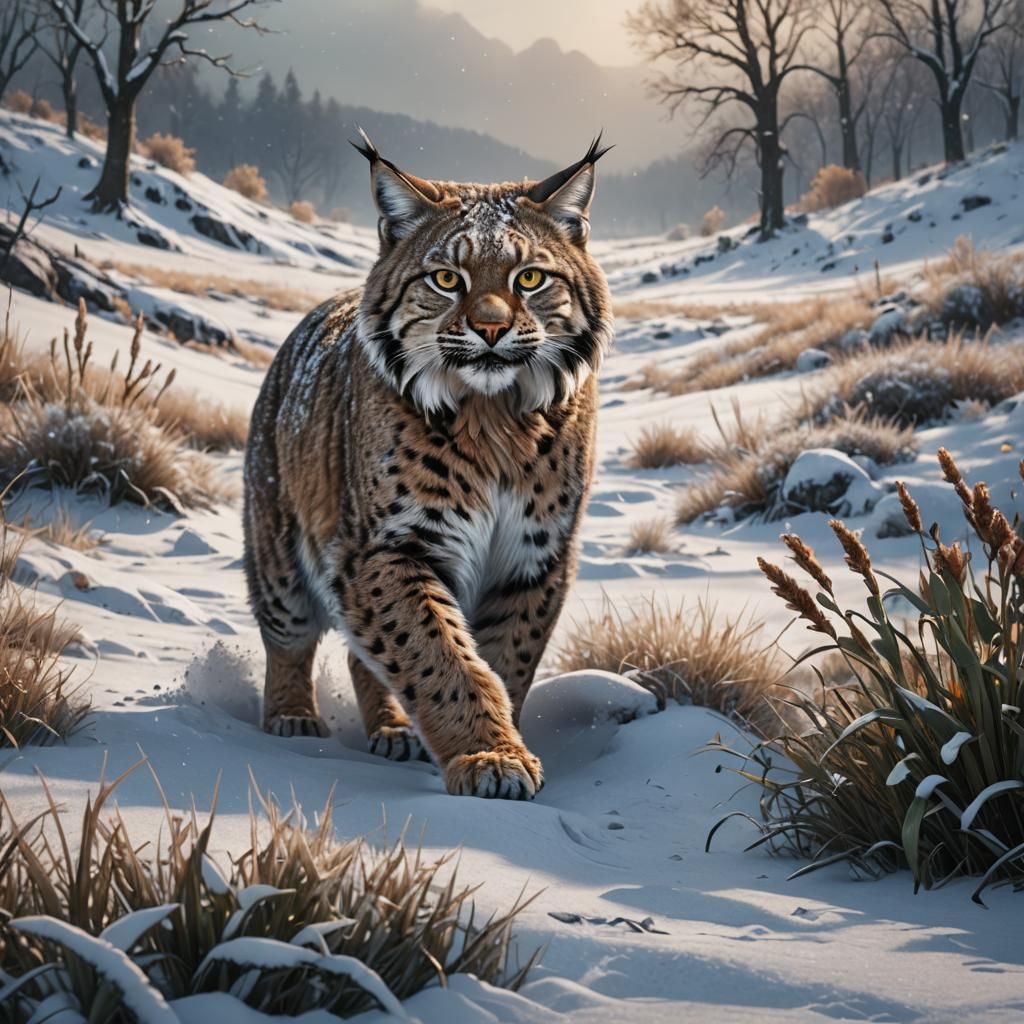 bobcat casing another bobcat in a snowy field detailed matte painting, deep color, fantastical, intricate ...  by @jimmyoutside