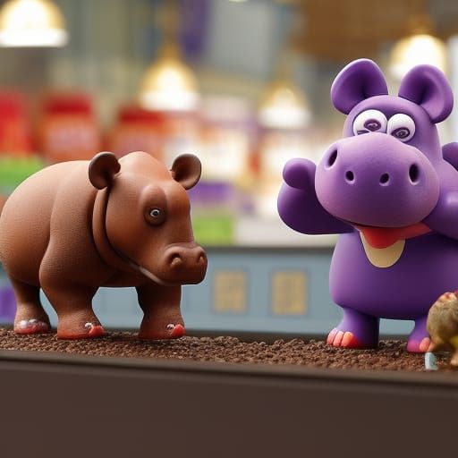 In an animal supermarket, a kind hippo advises animal buyers...
