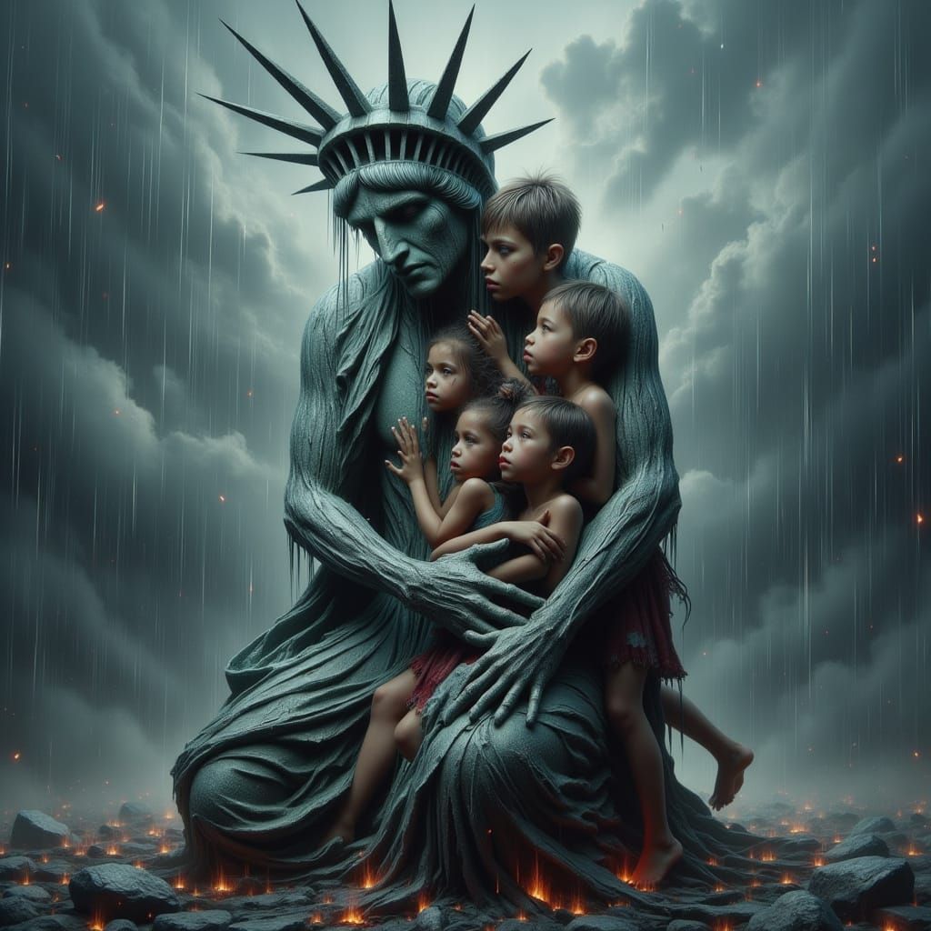 Sorrowful Statue of Liberty in Desolate Landscape