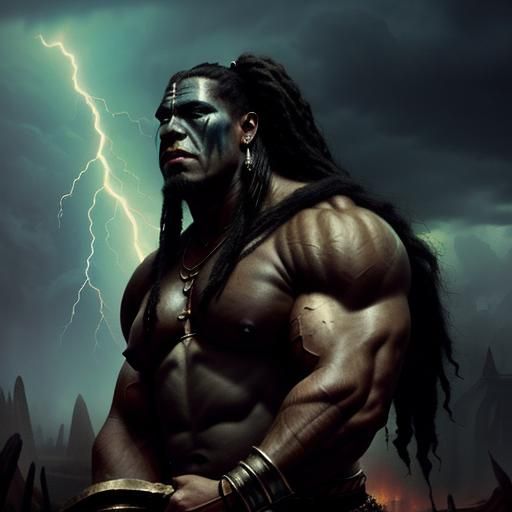 Mayan head hunter(massive muscular:1.3)gargantuan (primitive...