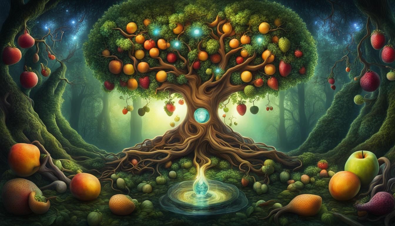 Tree of life with magic alien fruit in an enchanted forest
