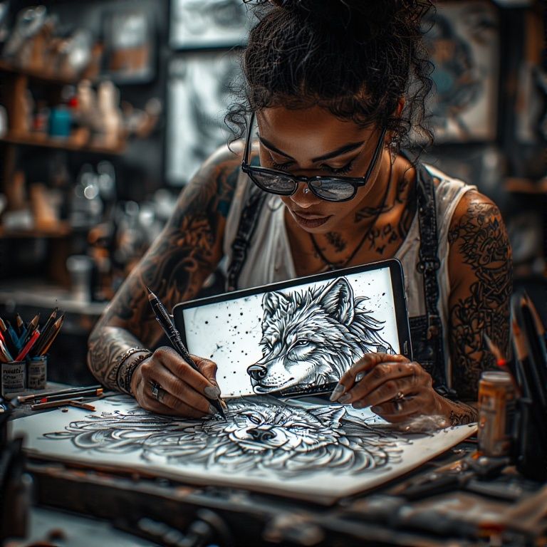 A black Egyptian female tattoo artist is meticulously crafting a portrait of a silver wolf on her Samsung Galaxy S10 Ult...