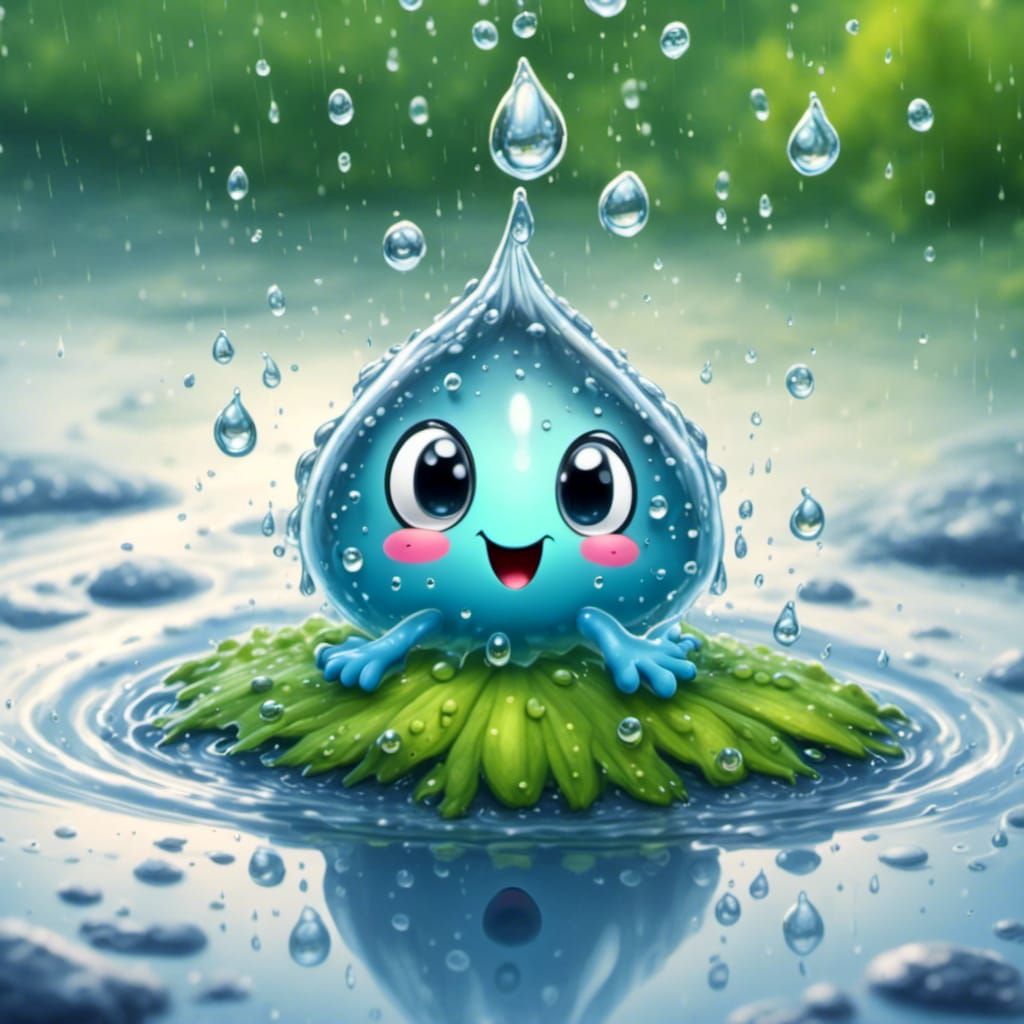 <lora:waterdrops:1.0> Super cute friendly water drop splashing in a puddle 