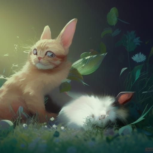 A cute bunny and a cut kitten dreaming together ; 8k resolut...