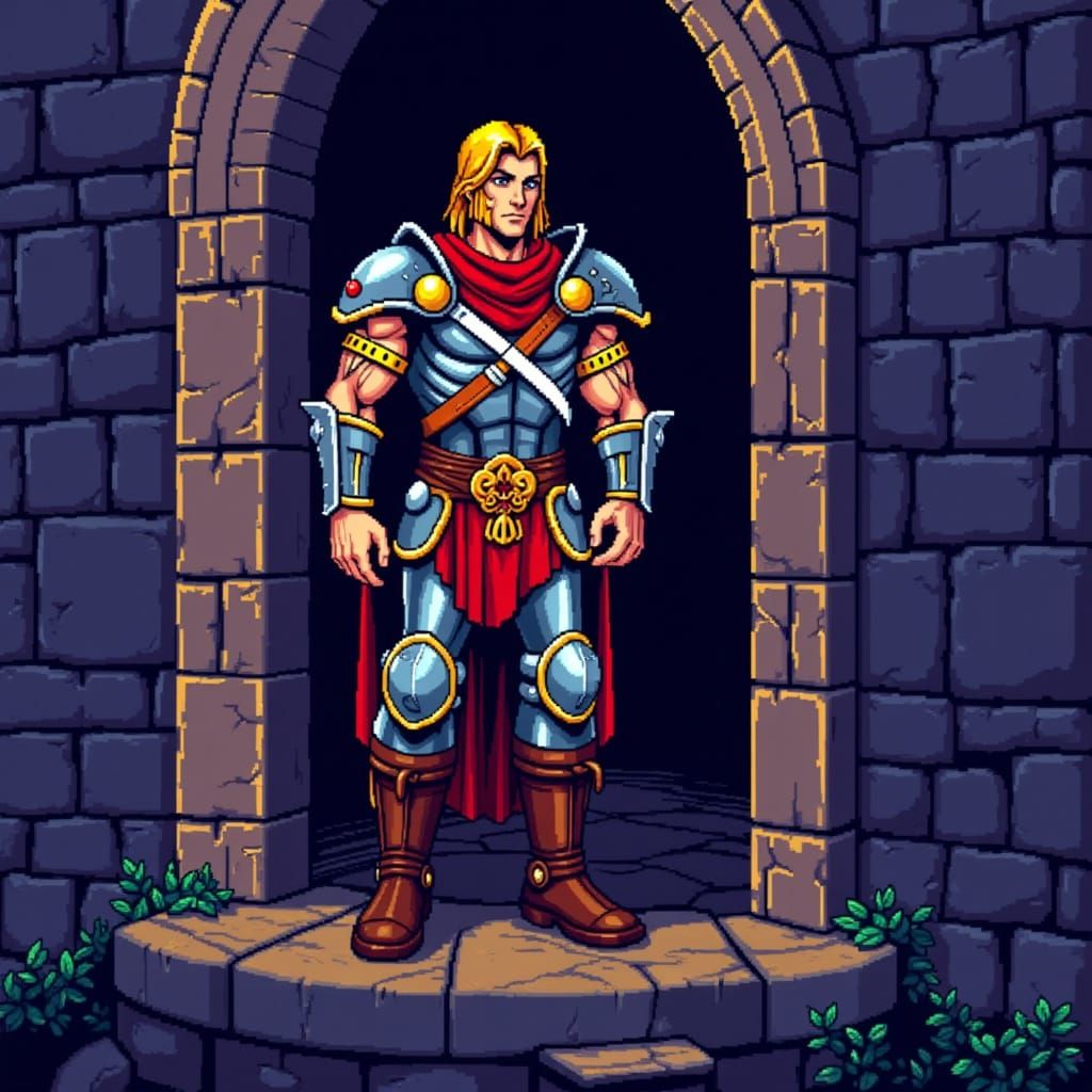 <lora:Retro VG Pixel Art:1.0> A pixel art, Sega Genesis style, 16-bit video game character closeup of "Simon Belmont" standing outside castl...