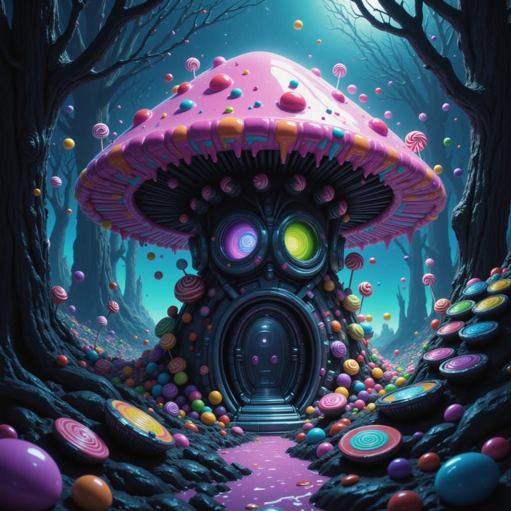 <lora:Bonbon Panic Flux:1.0>
A fairy mushroom house in an enchanted bioluminescent forest. Candy sci-fi