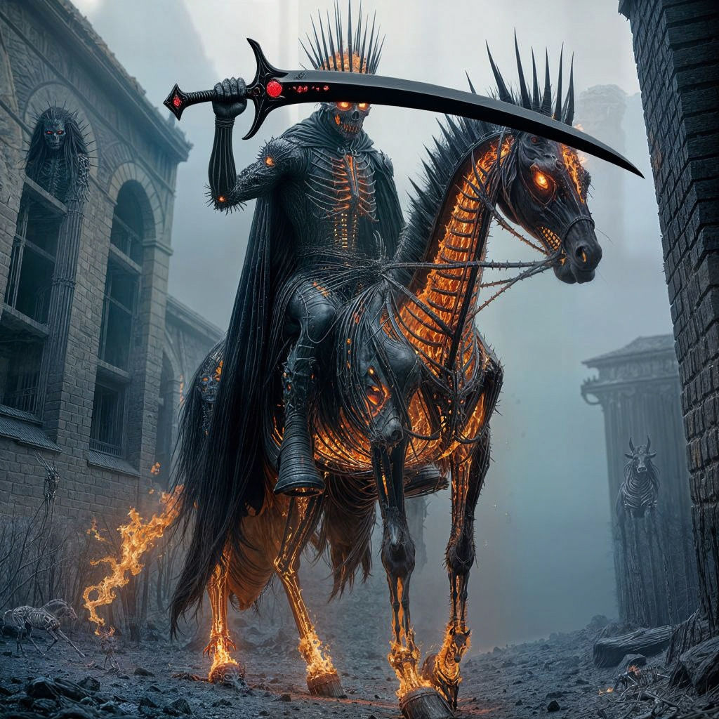 <lora:Dark Portraits:1.0> This evocative image presents a strikingly dark and mystical scene. Central to the composition is an ominous skele...