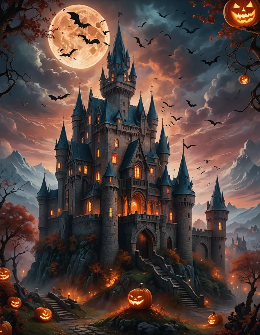Halloween. Old gothic castle, blood moon, bats in the sky, pumpkin lanterns. Hyperrealistic, splash art, ...  by @undefined