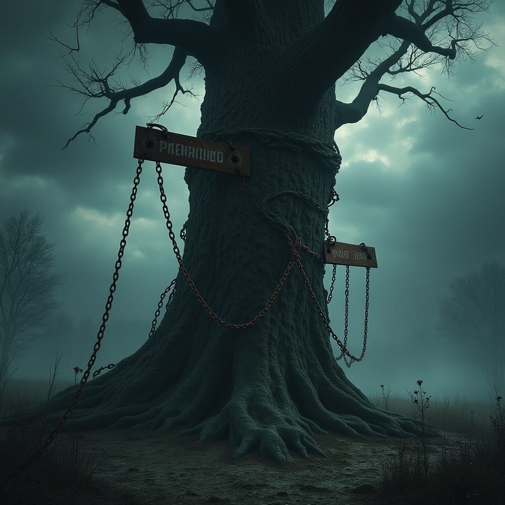 A majestic tree wrapped in rusted chains and metal signs labeled “Prohibited,” set in a clearing under stormy skies. Med...