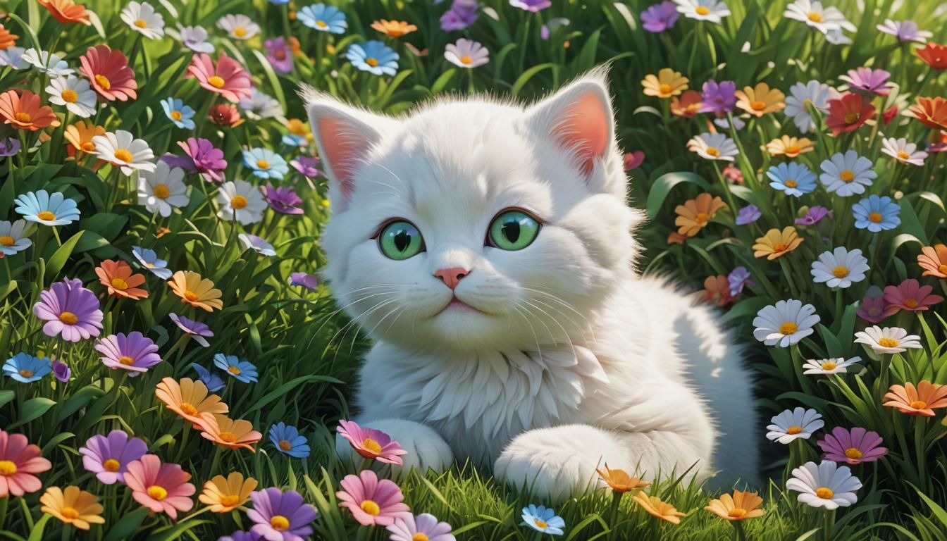 White kitten lies on a lawn with flowers