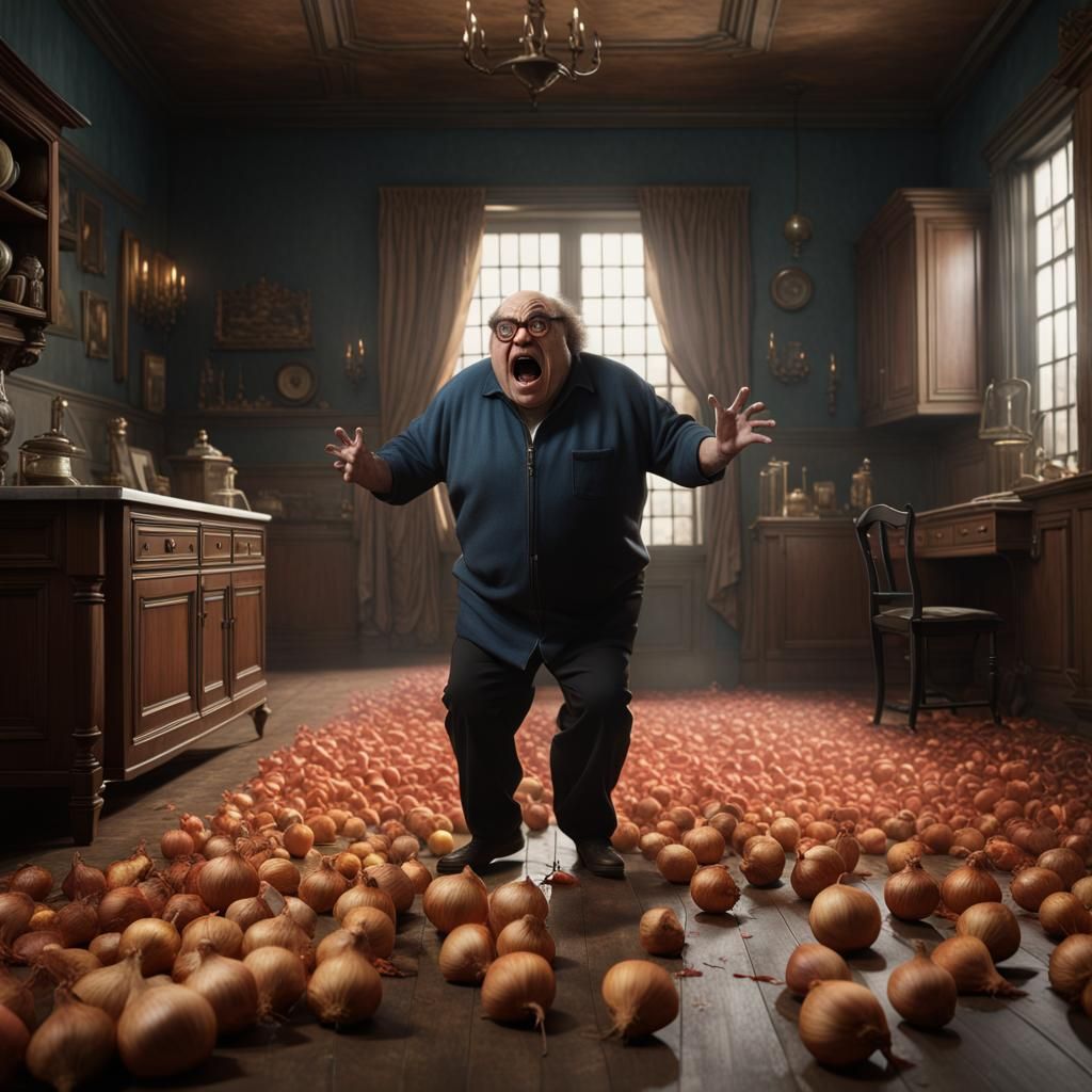 Danny Devito in an empty room screaming at an onion