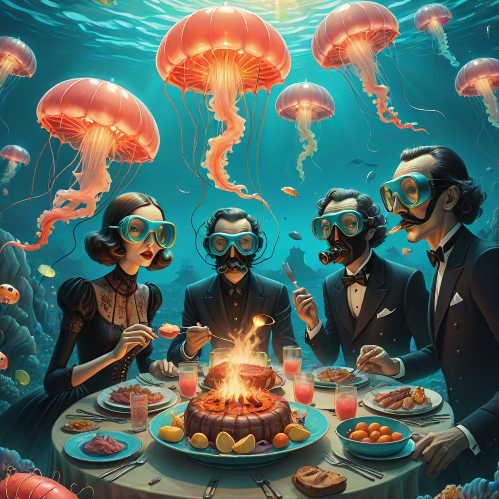 Surrealism. Medium shot. Gothic people having BBQ party underwater wearing scuba masks. Close up. Dreamlike ...  by @Ineedicecream