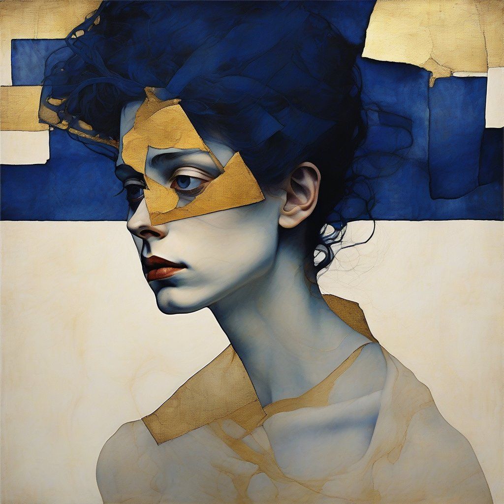 Portrait in navy and gold.