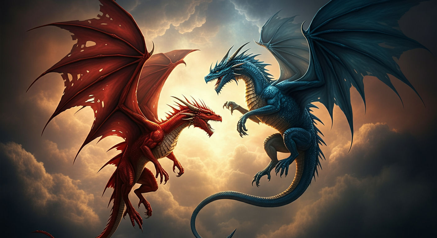 Red & Blue dragons, circling for a fight