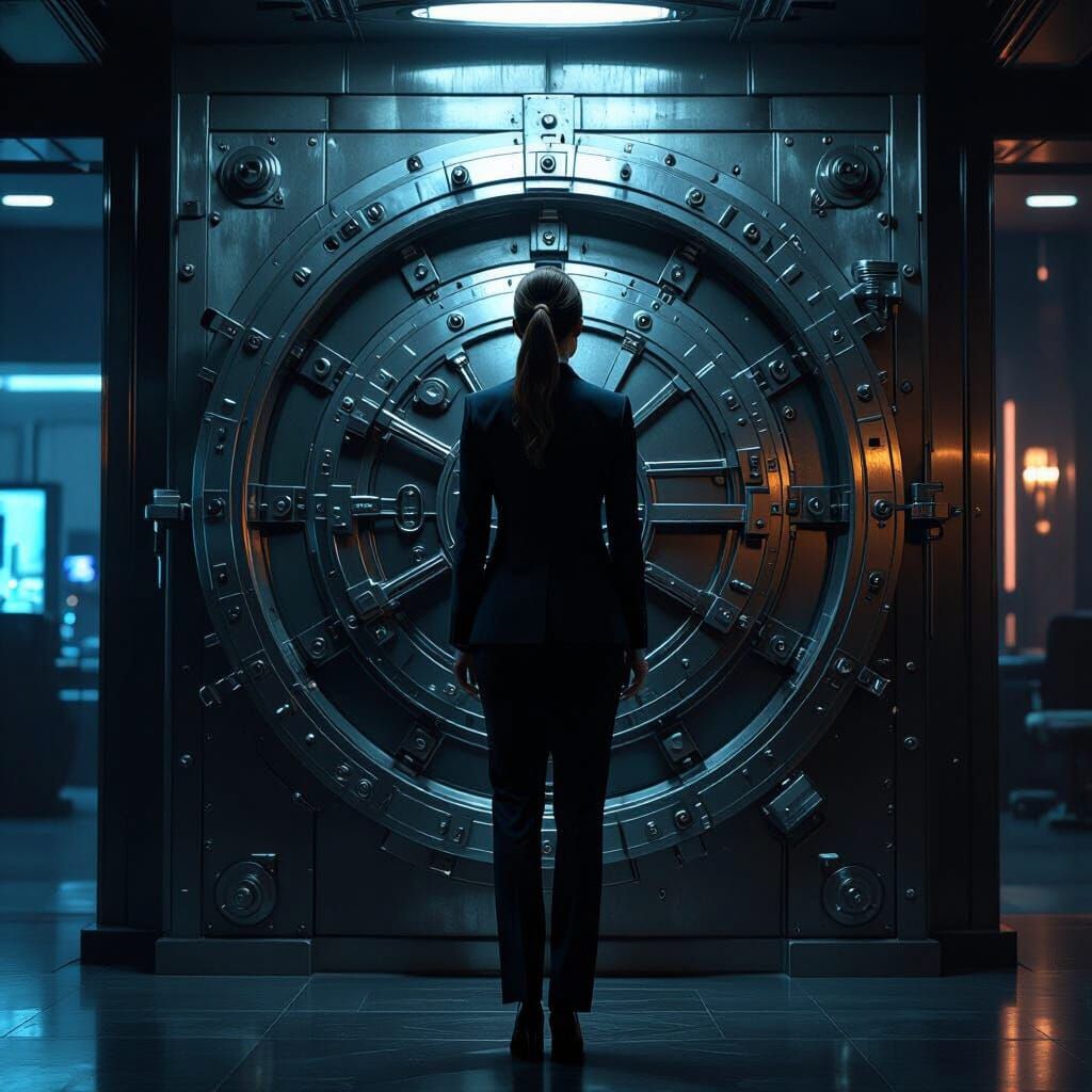 Woman Before Vintage Vault in Futuristic Office