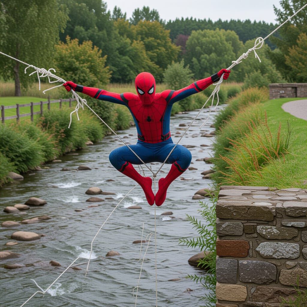 ספידרמן קופץ עם חוט מעל נהר