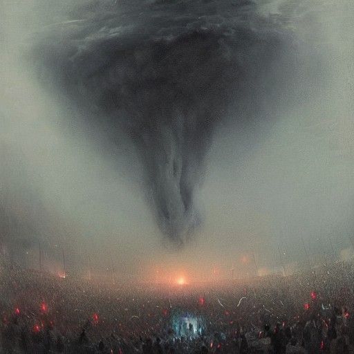 A frightening glowing tornado arrives on a crowd on grandstands in a ...