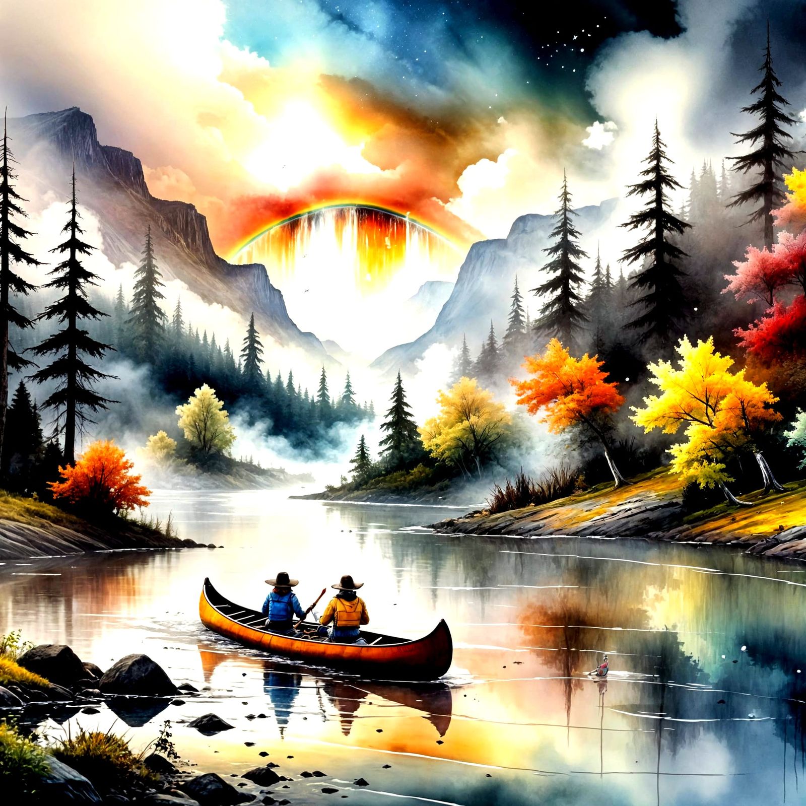 landscape, sunrise, rainbow, river, a small yet beautiful canoe sailing in the serene calm water, thick watercolor painting   by @Mindful THE KB