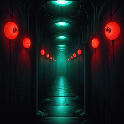 Glowing neon horror isolated eyeballs cyan strings ancient corridor ...