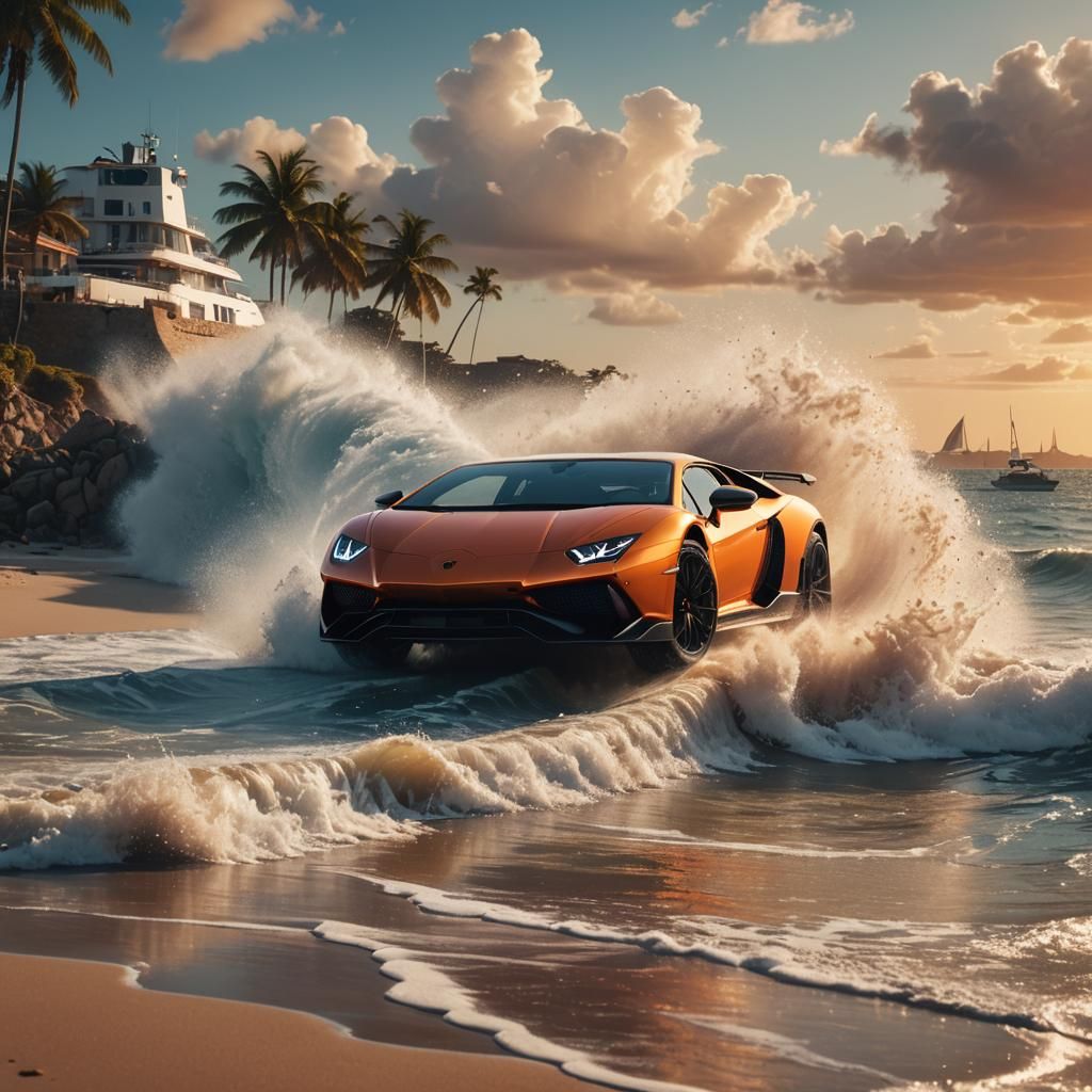 Lamborghini Speeding on Beach at Sunset