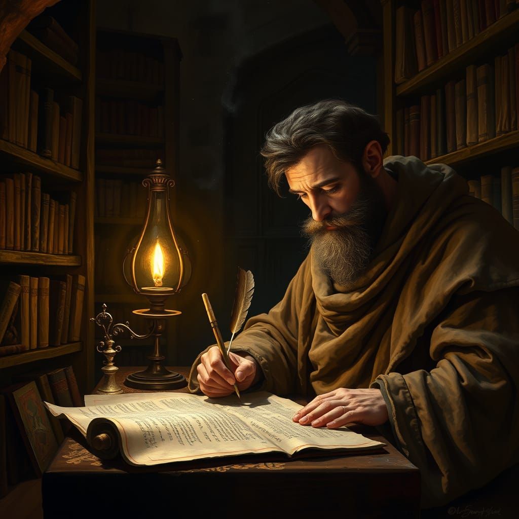 Ancient Scribe Writing by Oil Lamp