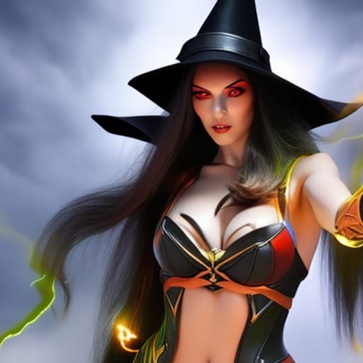 Hyper photo realistic gorgeous witch with alluring eyes cast...