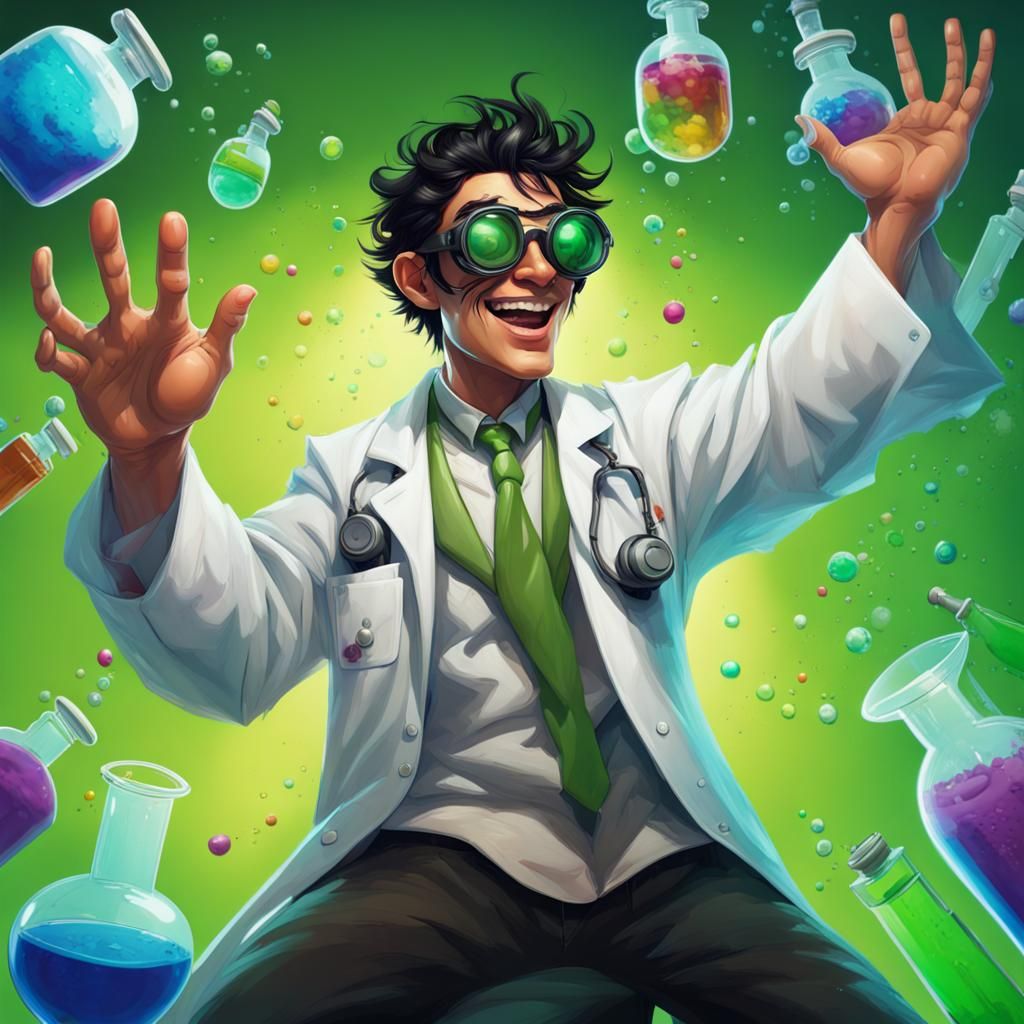 mad scientist, black hair, lab coat, black goggles with green lenses