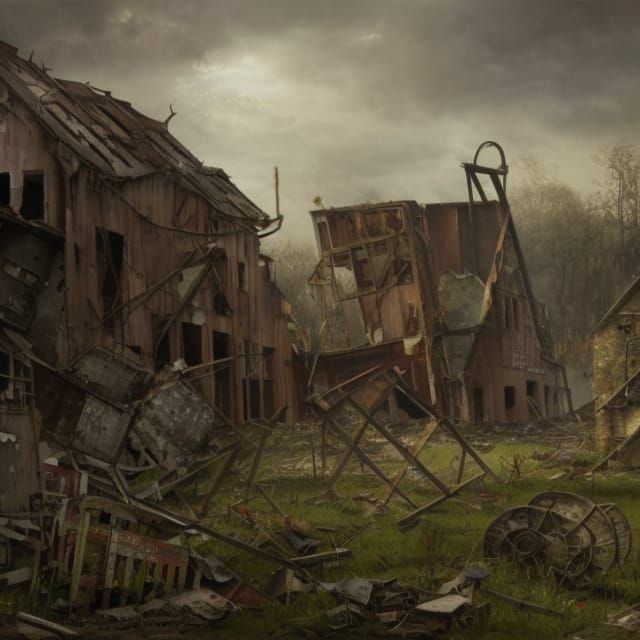 an abandoned farm, sheds in ruin, buildings collapsing, trac...