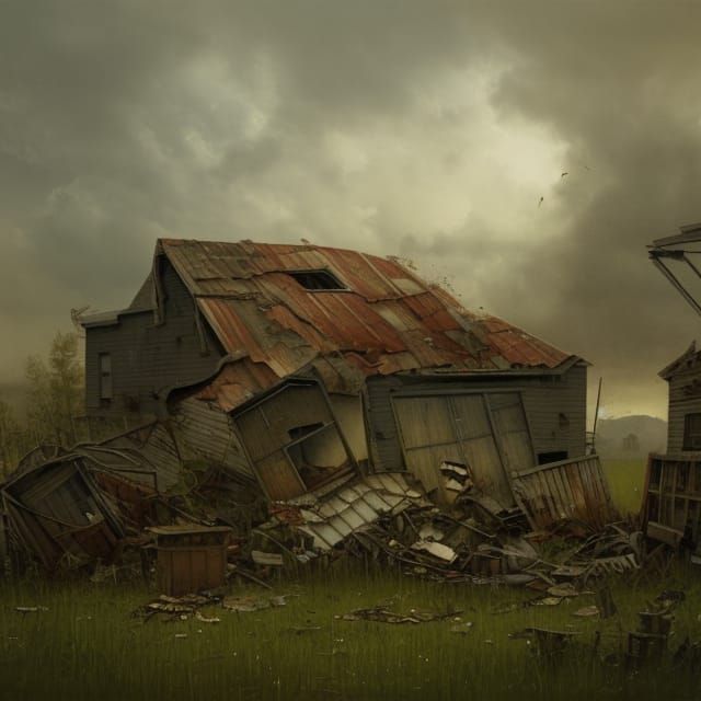 an abandoned farm, sheds in ruin, buildings collapsing, trac...