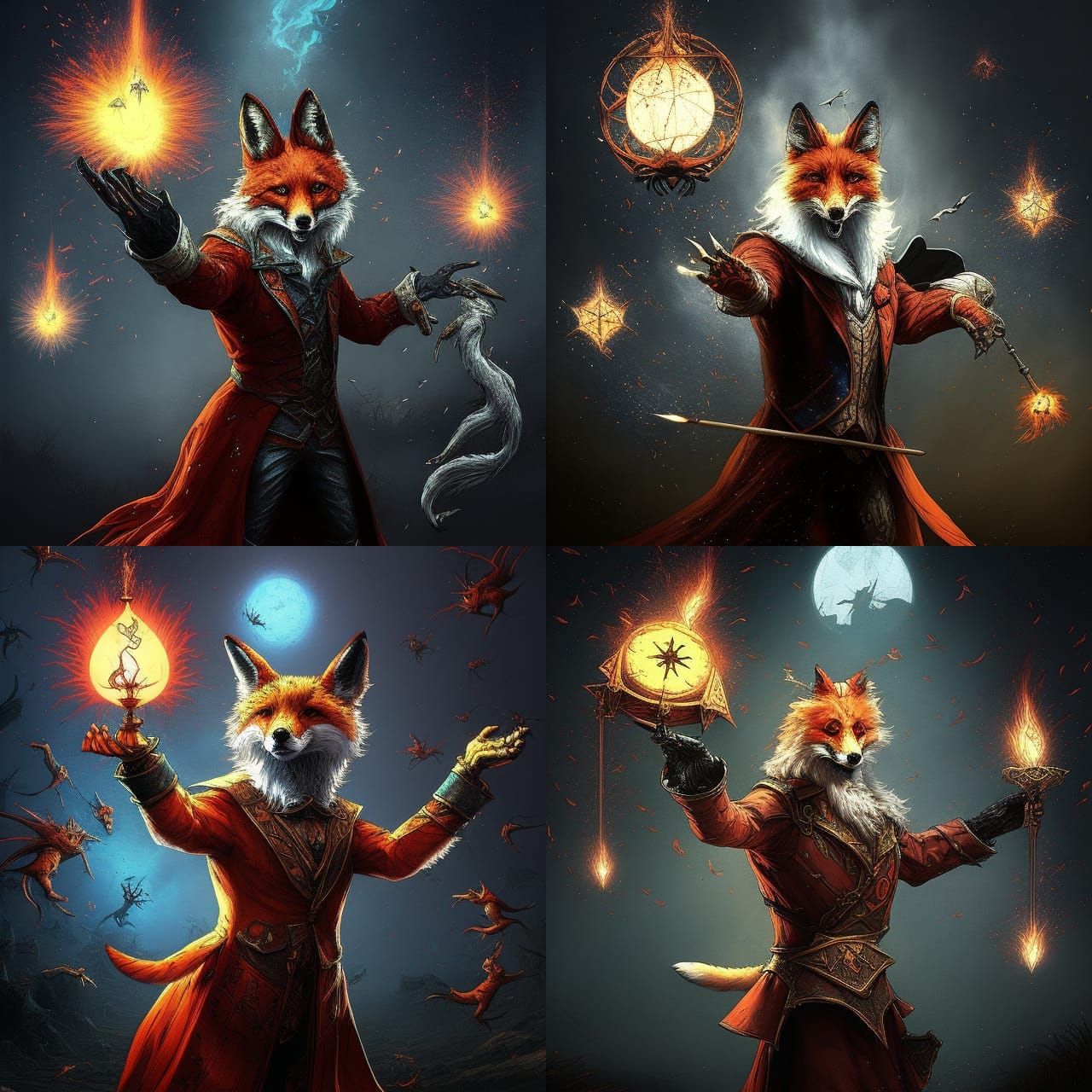 fox magician in the midst of a spell-casting performance, aw...