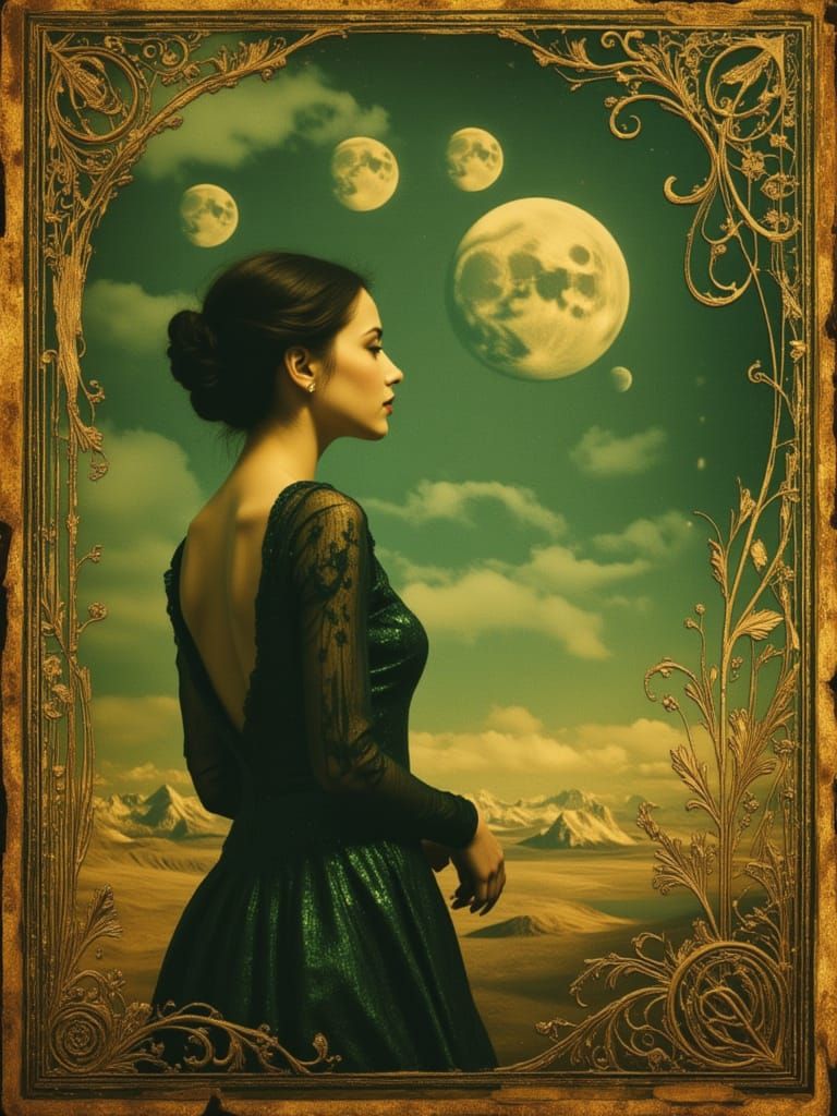 ROMANTIC WOMAN, COCKTAIL DRESS, THREE MOONS, ALIEN LANDSCAPE, stylized portraiture, ornate gilded filigree frame, aged photo in the style of...