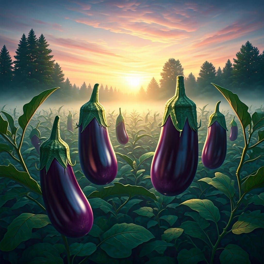 Ethereal Eggplants in a Misty Landscape