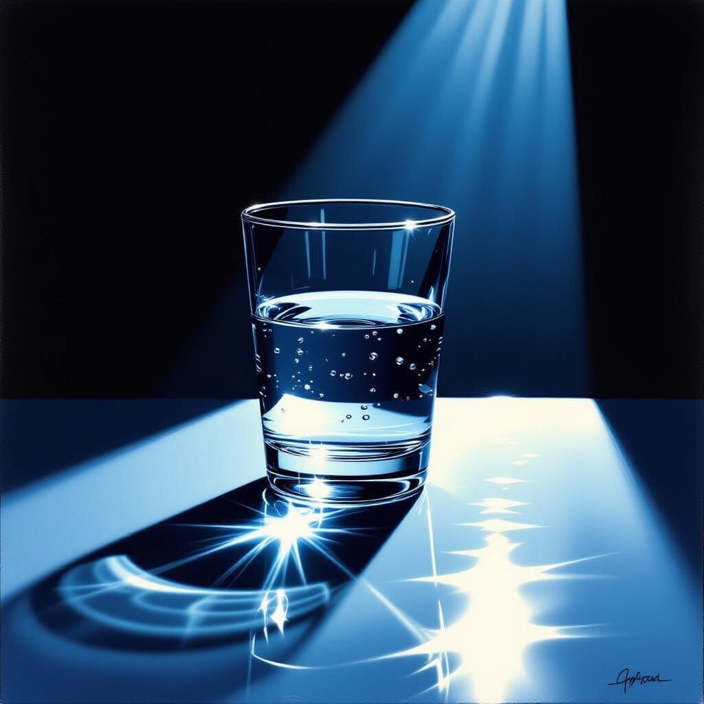 Glass of Water Precariously Balanced, Dramatic Chiaroscuro
