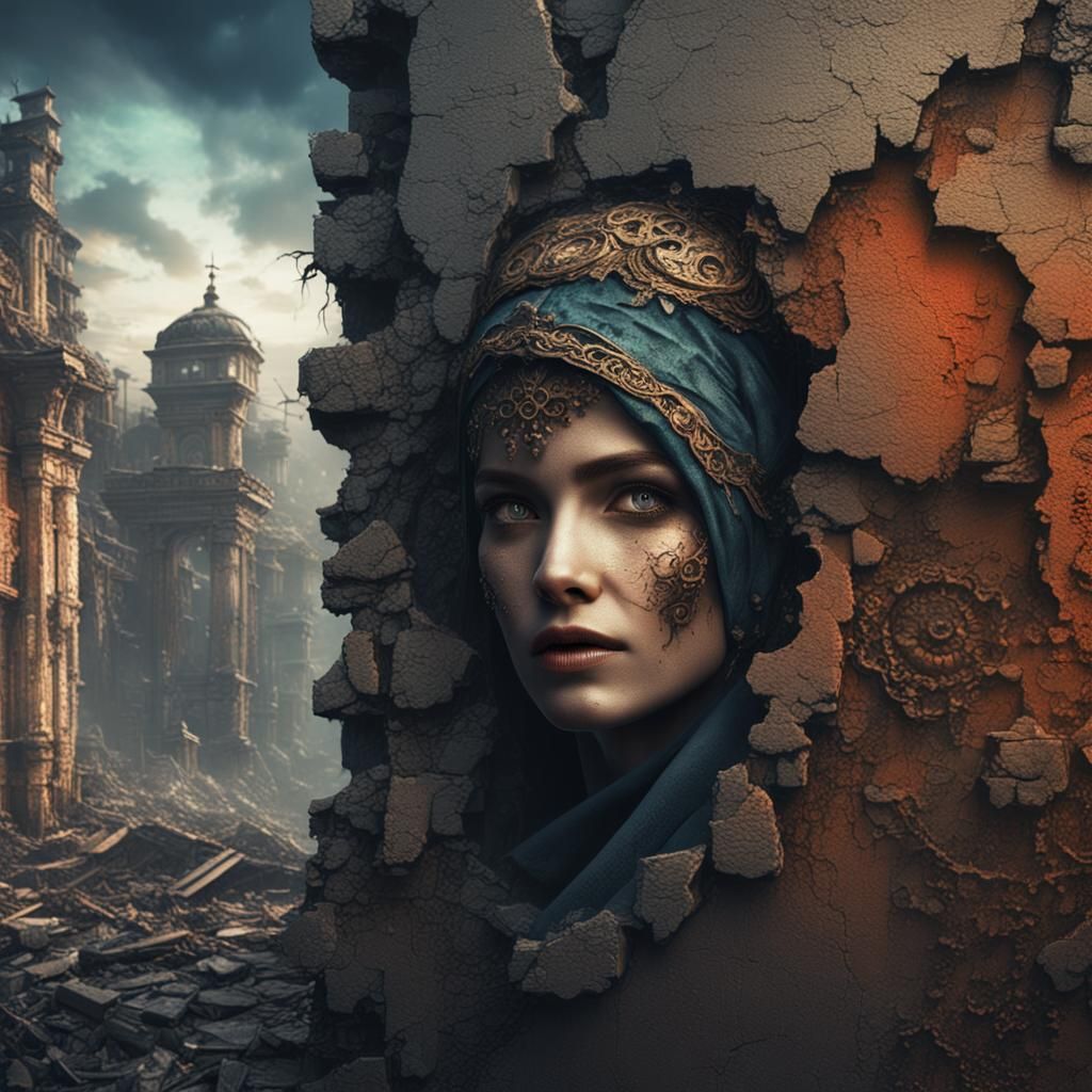 Face of a beautiful woman on the dilapidated wall in the aba...