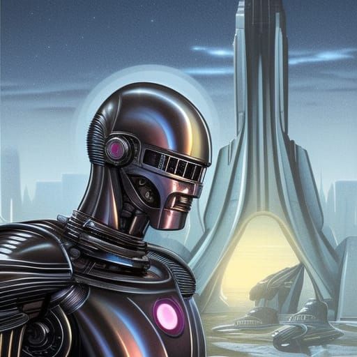 An alien metallic robot like an old-style Cylon on the bridg...