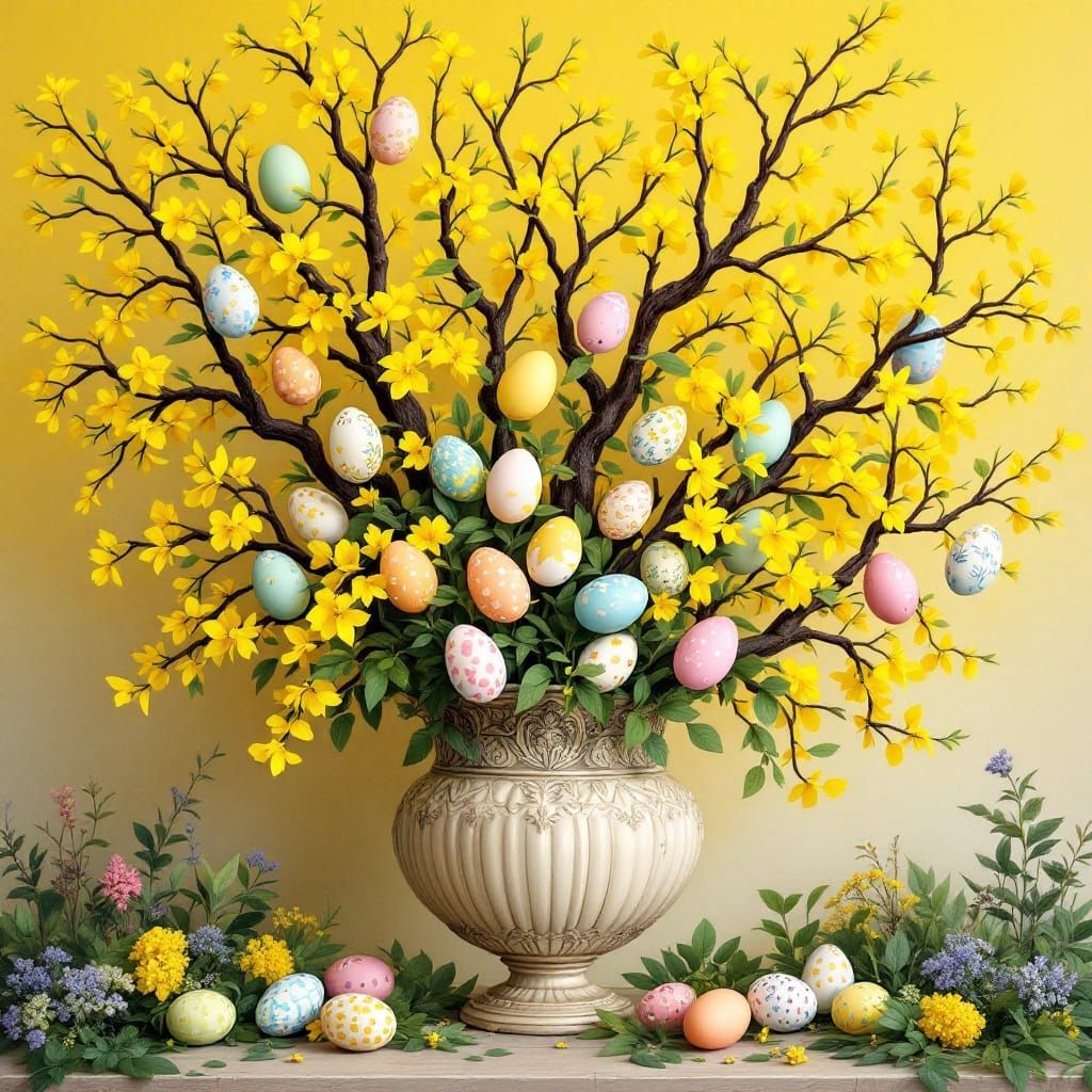 Easter forsythia tree branches Ina large base, multicolored eggs   by @FleurTerreur